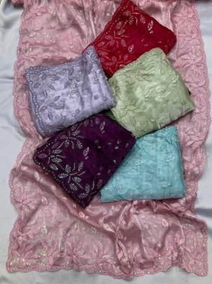 Party Wear Soft Burberry  Silk Saree with Sequence Embroidered Cut Work