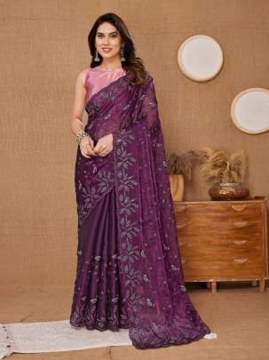 Party Wear Soft Burberry  Silk Saree with Sequence Embroidered Cut Work