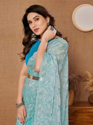 Party Wear Soft Burberry  Silk Saree with Sequence Embroidered Cut Work