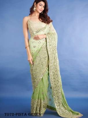 Party Wear Soft Georgette Embroidery Pista Green Saree