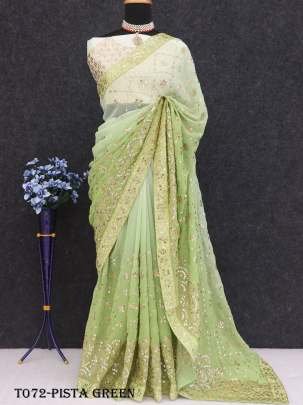 Party Wear Soft Georgette Embroidery Pista Green Saree