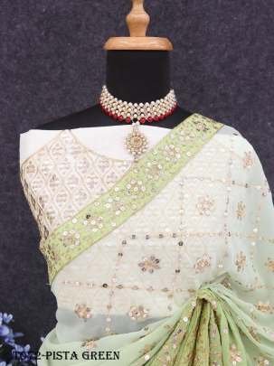 Party Wear Soft Georgette Embroidery Pista Green Saree