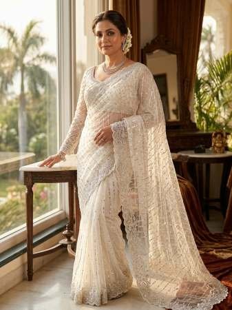 Party Wear  White Colour Hand Work Saree