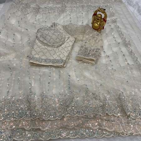 Party Wear  White Colour Hand Work Saree