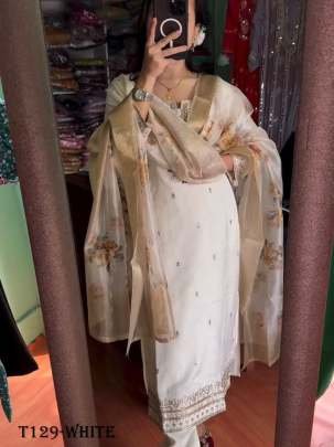 Party Wear White Pure Chinon Silk Kurti Pant Set