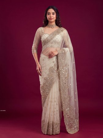 Party Wear White Saree With Sequence Work Embroidery