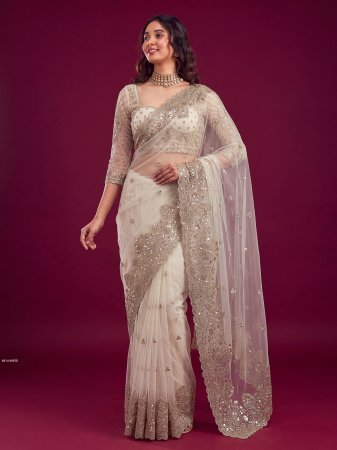 Party Wear White Saree With Sequence Work Embroidery