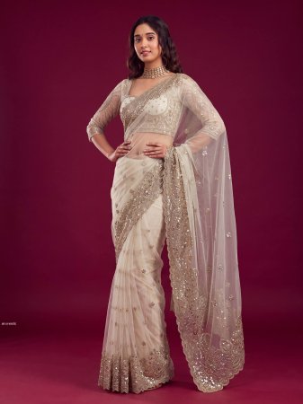 Party Wear White Saree With Sequence Work Embroidery
