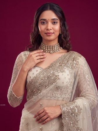 Party Wear White Saree With Sequence Work Embroidery