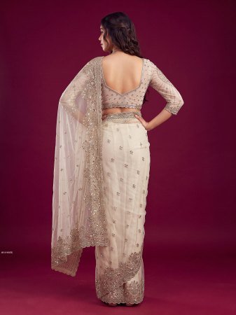 Party Wear White Saree With Sequence Work Embroidery