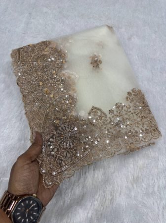 Party Wear White Saree With Sequence Work Embroidery