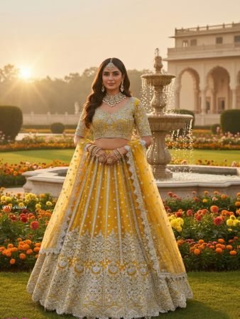 Party Wear Yellow Embroidered Lehenga Choli
