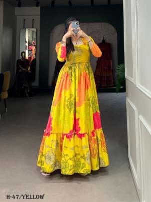 Party Wear Yellow Georgette Short Sleev Gown