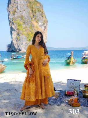 Party Wear Yellow Pure Muslin With Digital Print Kurti Pant Dupatta Set