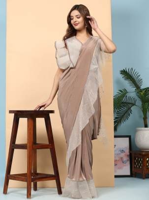 Partywear Coffee Ruffle Border Ready To Wear Saree With Stitched Blouse