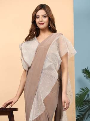 Partywear Coffee Ruffle Border Ready To Wear Saree With Stitched Blouse