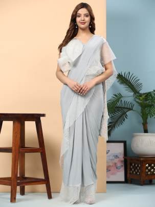 Partywear Grey Ruffle Border Ready To Wear Saree With Stitched Blouse