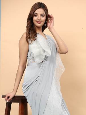 Partywear Grey Ruffle Border Ready To Wear Saree With Stitched Blouse