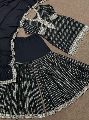 Black color Heavy Faux Georgette Sharara suit set by fab funda