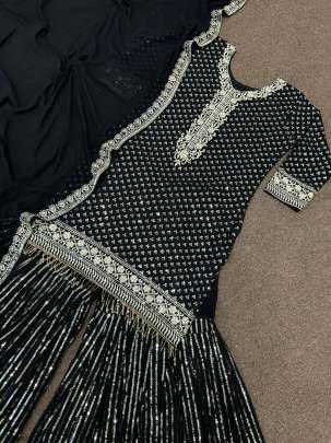 Black color Heavy Faux Georgette Sharara suit set by fab funda
