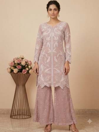 Pastel Pink Colour Sequence Work Top With Palazzo