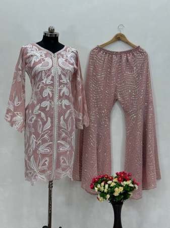 Pastel Pink Colour Sequence Work Top With Palazzo