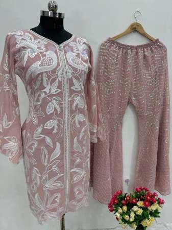 Pastel Pink Colour Sequence Work Top With Palazzo