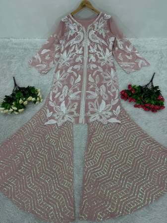 Pastel Pink Colour Sequence Work Top With Palazzo