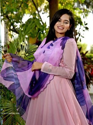 Pastel Pink Plain Readymade Tebby Silk Gown With Printed Dupatta