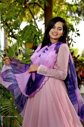 Pastel Pink Plain Readymade Tebby Silk Gown With Printed Dupatta