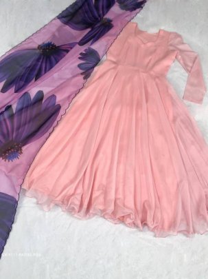 Pastel Pink Plain Readymade Tebby Silk Gown With Printed Dupatta