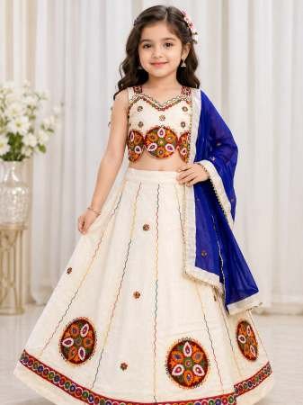 Patch Ghanti Work Cream Colour Kids Navratri Lehenga
