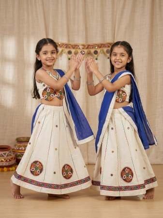 Patch Ghanti Work Cream Colour Kids Navratri Lehenga