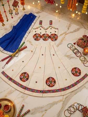 Patch Ghanti Work Cream Colour Kids Navratri Lehenga