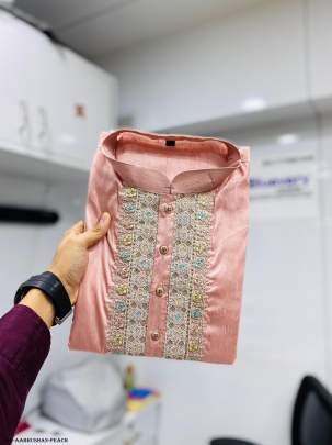 Peach Aabhushan Silk Men Kurta With Payjama