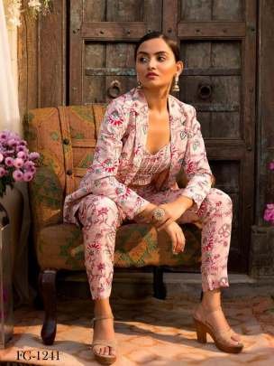 Peach Attractive and Uniqe Magic Cotton Cord Set With Jacket