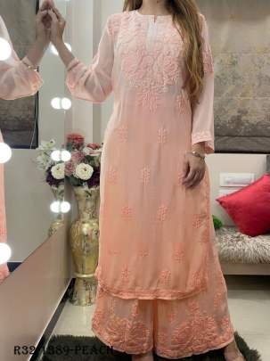 Peach Chain Stitch Work Designer Palazo Suits