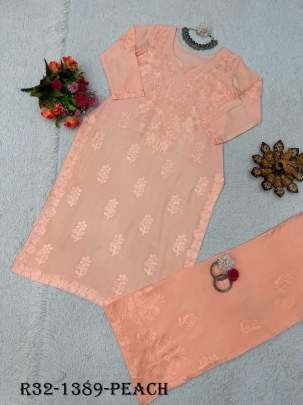 Peach Chain Stitch Work Designer Palazo Suits