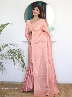 Peach Color Pure Banarasi Plain Silk Saree With Brocade unstitched Blouse