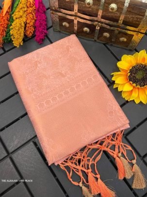 Peach Color Pure Banarasi Plain Silk Saree With Brocade unstitched Blouse