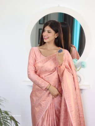 Peach Color Pure Banarasi Plain Silk Saree With Brocade unstitched Blouse