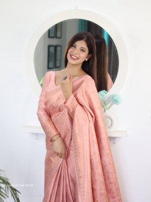 Peach Color Pure Banarasi Plain Silk Saree With Brocade unstitched Blouse