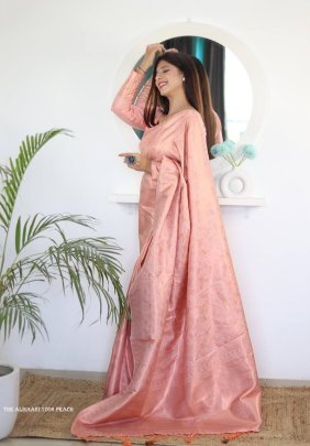 Peach Color Pure Banarasi Plain Silk Saree With Brocade unstitched Blouse