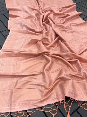Peach Color Pure Banarasi Plain Silk Saree With Brocade unstitched Blouse