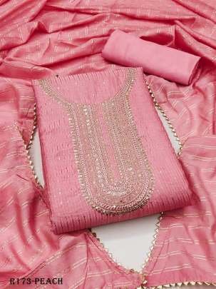 Peach Designer Chanderi Unstitched Suits With Crosset Work