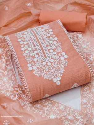 peach designer embroidery santoon dress material