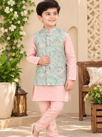 Peach Designer Kids Ethnic Wear Koti Kurta Pyjama for Boys