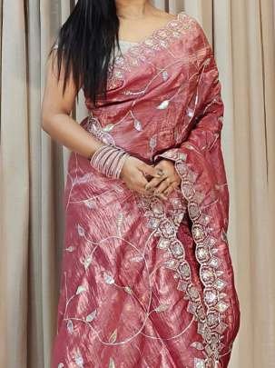 Peach Designer Soft Gold Crush Saree With Cut Work Border