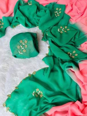 Peach Exclusive Duel Shade Hand Work Georgette Saree