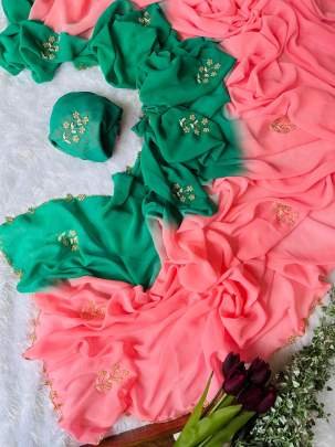 Peach Exclusive Duel Shade Hand Work Georgette Saree